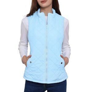 Zip Up Front Stand Collar Slant Pockets Quilted Padded Vest Baby Blue